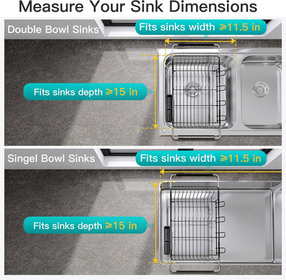 JASIWAY Roll Up Dish Drying Rack, Expandable (12.8"-23.8" D x 12.8" W) Stainless Steel Portable Drainer for Kitchen Sink Counter, Foldable Over The Sink Cover with Removable Utensil Holder