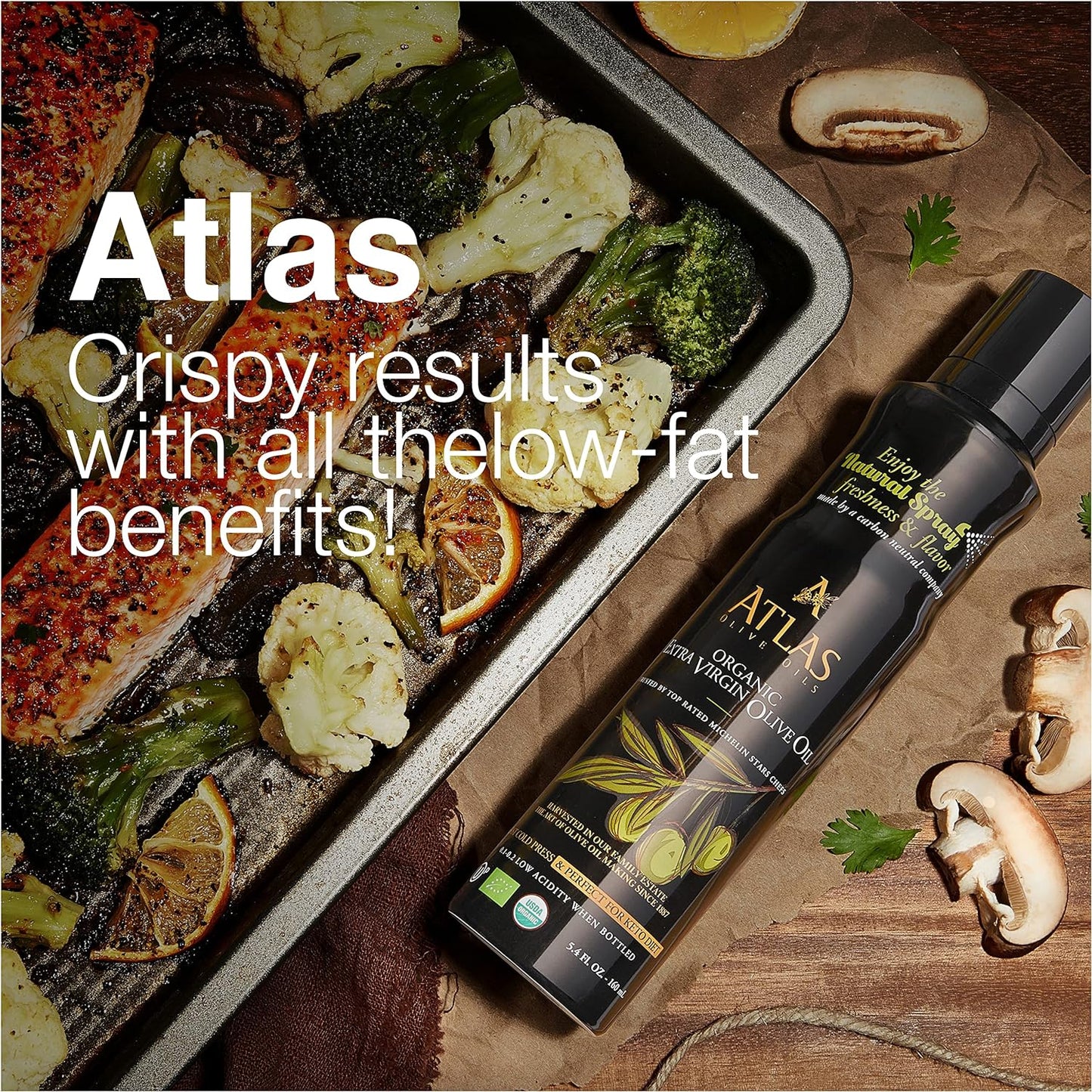 Olive Oil Spray by Atlas, Dual Function Olive Oil Cooking Spray and Stream, 5.4 fl oz, 3 Pack, Extra Virgin, Non Stick, Cold Pressed, Polyphenol Rich, Organic Moroccan EVOO, Hydroxytyrosol, Keto