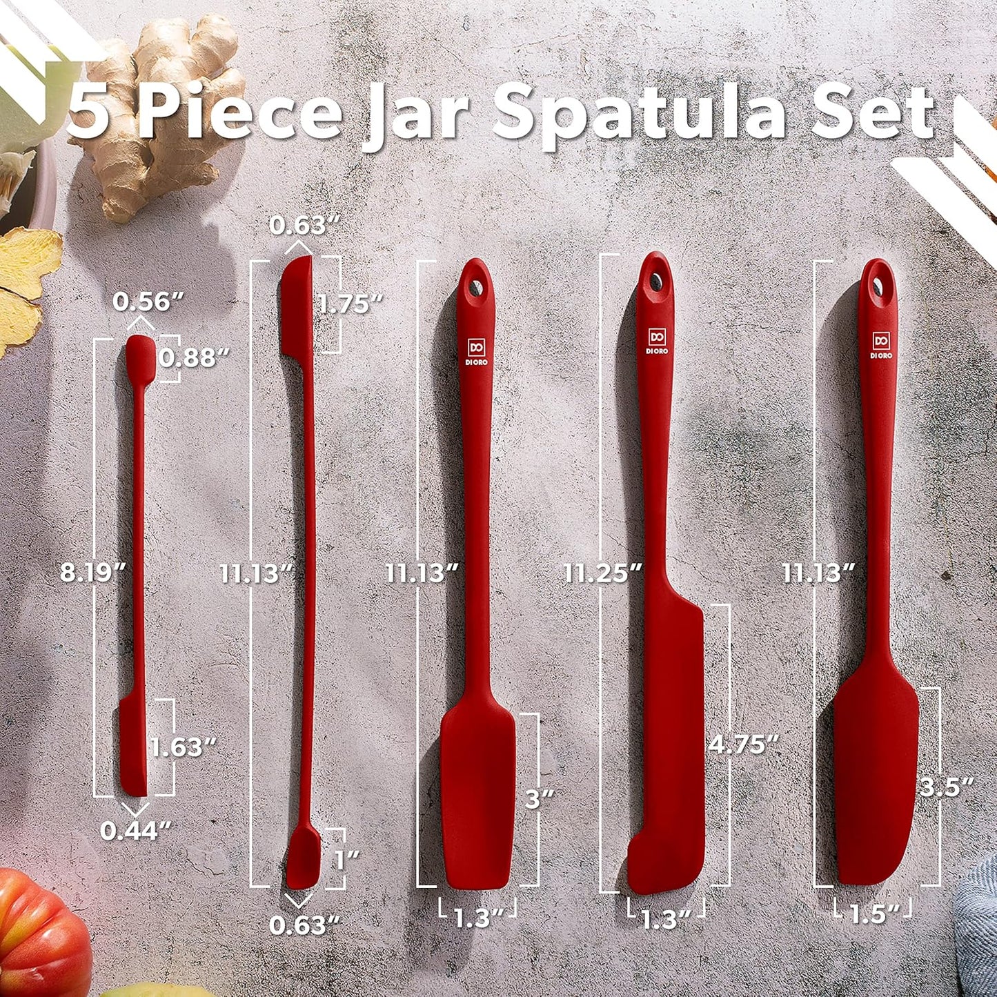 DI ORO Silicone Jar Spatulas for Scraping - Rubber Spatulas Silicone Heat Resistant - Kitchen Spatulas Nonstick Cookware Safe - Silicone Utensil Set for Blenders, Mixing, Baking, & Makeup (5pc, Black)