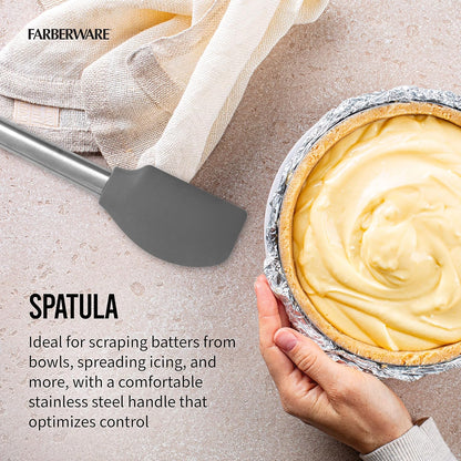 Farberware Professional 2 Piece Baking Set with Stainless Steel Wire Whisk and Stanless Steel Handle, Grey Silicone Head Spatulas For Beating, Blending, Mixing, and Scraping