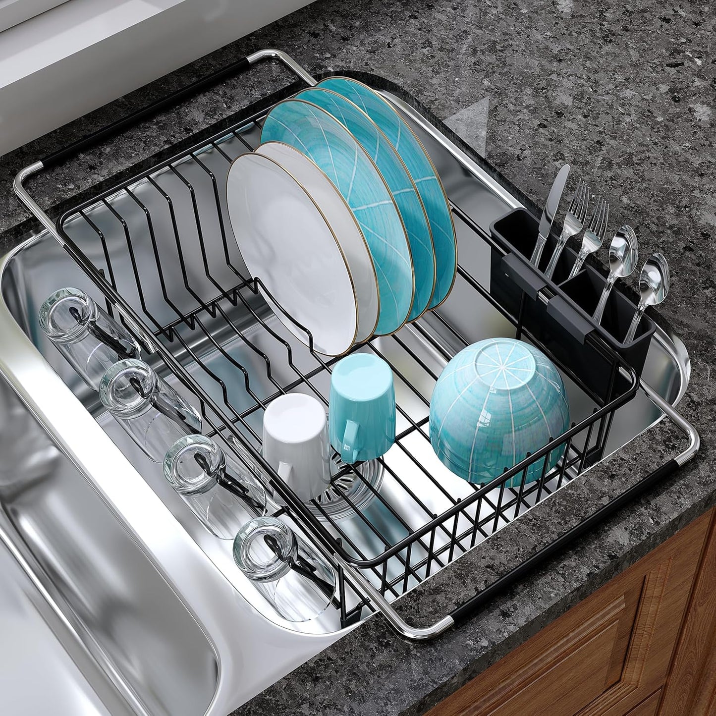 JASIWAY Roll Up Dish Drying Rack, Expandable (12.8"-23.8" D x 12.8" W) Stainless Steel Portable Drainer for Kitchen Sink Counter, Foldable Over The Sink Cover with Removable Utensil Holder