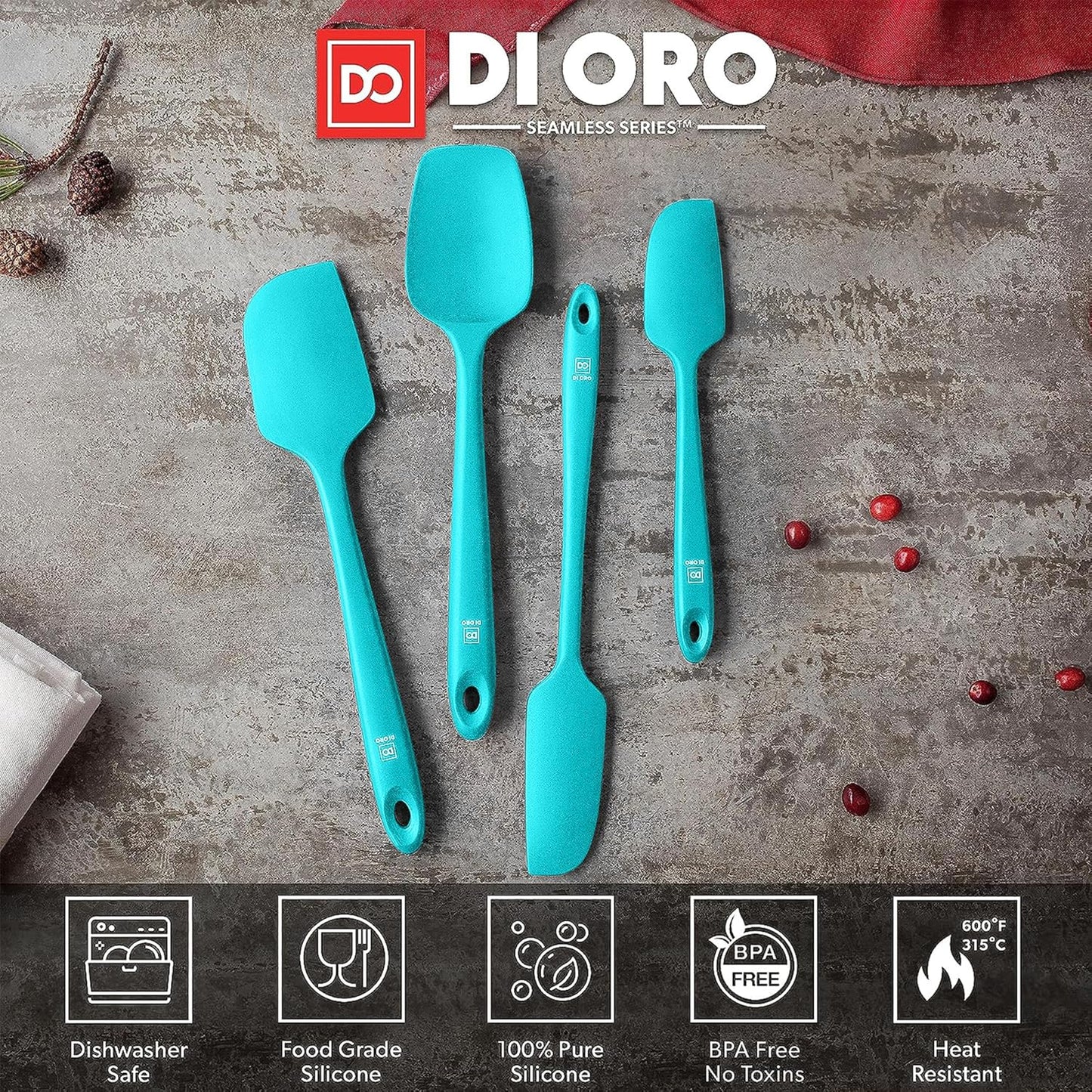 DI ORO Silicone Spatula Set - Rubber Kitchen Spatulas for Baking, Cooking, & Mixing - 600°F Heat-Resistant & BPA Free Silicone Scraper Spatulas for Nonstick Cookware - Dishwasher Safe (4pc, Black)