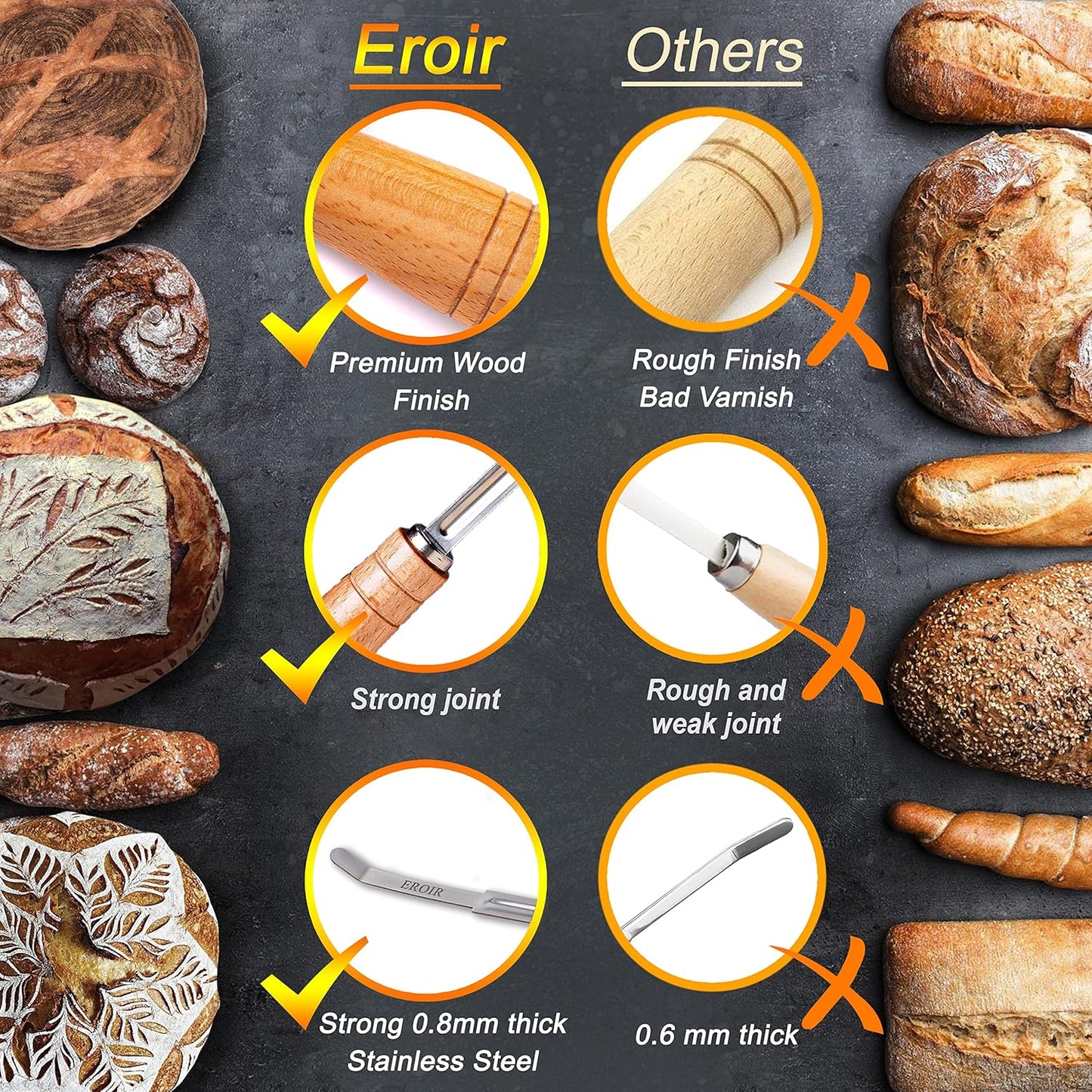 EROIR 13" Danish Dough Whisk Bread Lame Bowl Scraper Set - Dutch Sourdough Whisk Double Eye, Dough Scraper, Bread Scorer with 10 Blades and Leather Cover