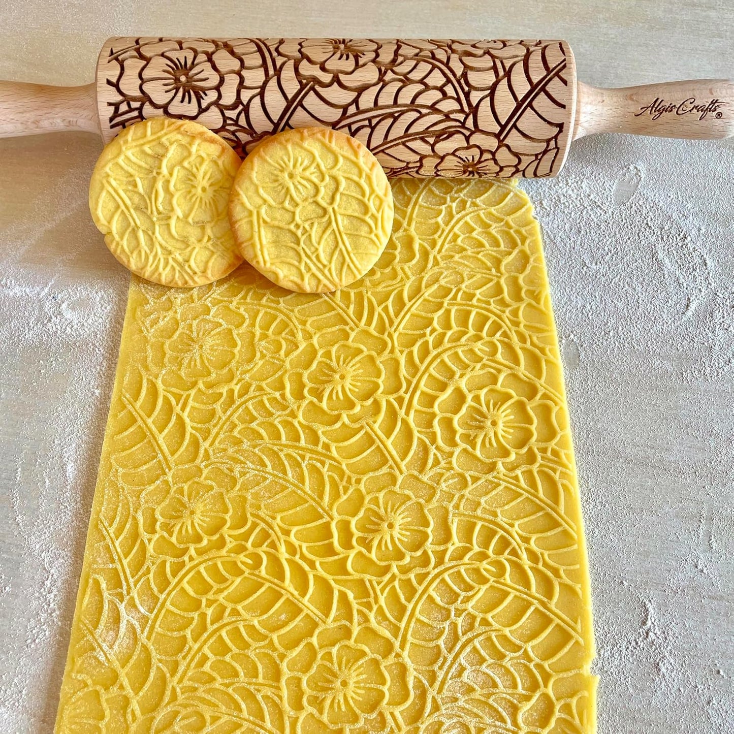 SAKURA TREE Embossing Rolling Pin with Blooming Sakura Flowers Pattern. Dough and Clay Roller for Embossed Cookies Fondant Pottery. Cookie and Ceramic Stamp. Backing Gifts for Women by Algis Crafts