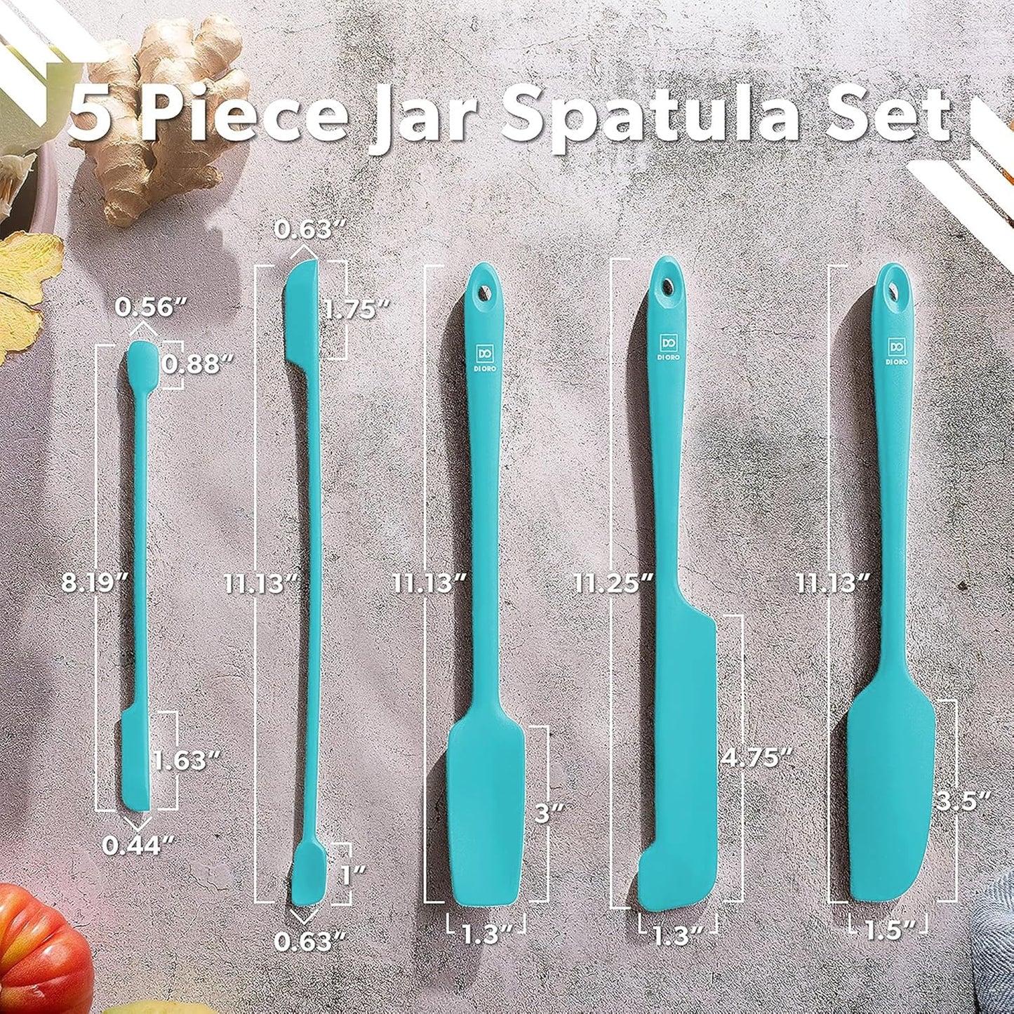 DI ORO Silicone Jar Spatulas for Scraping - Rubber Spatulas Silicone Heat Resistant - Kitchen Spatulas Nonstick Cookware Safe - Silicone Utensil Set for Blenders, Mixing, Baking, & Makeup (5pc, Black)