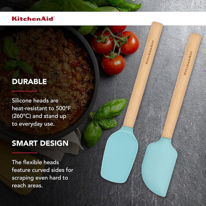 KitchenAid Bamboo Wood Handled Mini Spatula Set with Silicone Head, Set Of 2, Aqua Sky