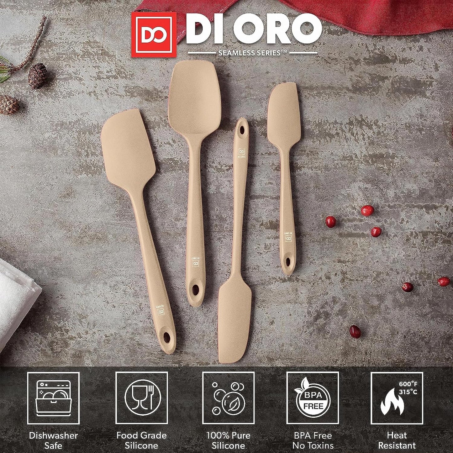 DI ORO Silicone Spatula Set - Rubber Kitchen Spatulas for Baking, Cooking, & Mixing - 600°F Heat-Resistant & BPA Free Silicone Scraper Spatulas for Nonstick Cookware - Dishwasher Safe (4pc, Black)