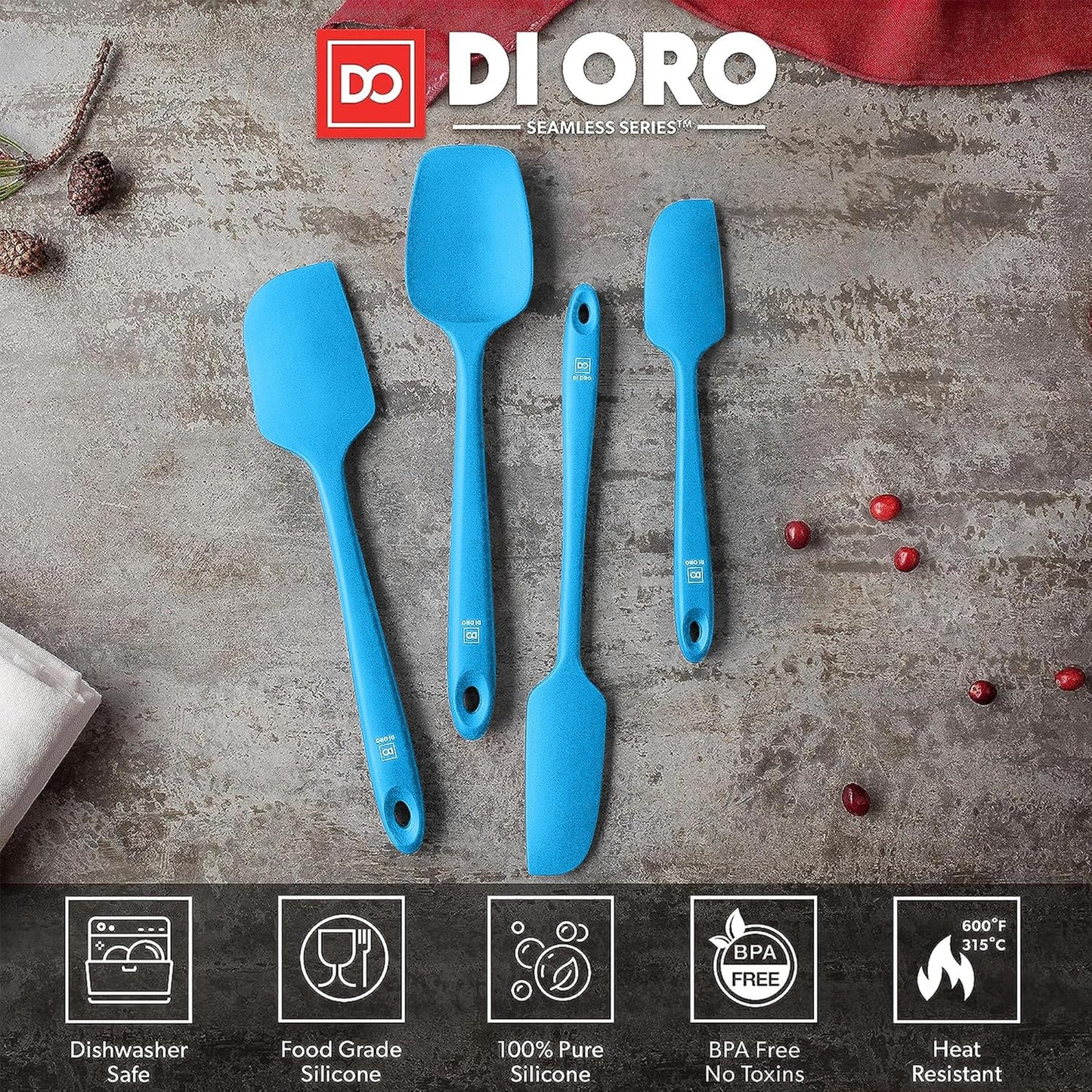DI ORO Silicone Spatula Set - Rubber Kitchen Spatulas for Baking, Cooking, & Mixing - 600°F Heat-Resistant & BPA Free Silicone Scraper Spatulas for Nonstick Cookware - Dishwasher Safe (4pc, Black)