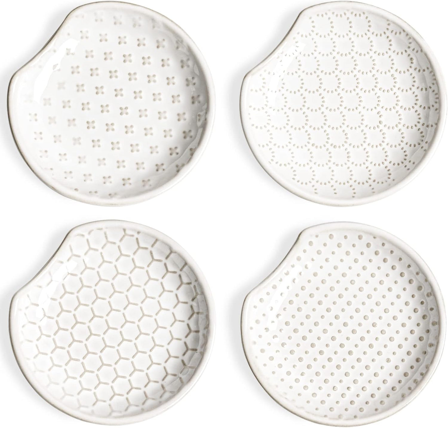 Ceramic Spoon Rests for Stove Top, Set of 4 Modern Farmhouse Spoon Holder for Kitchen Counter & Coffee Bar, 4.8 Inch Heat Resistant Utensil Rest for Cooking, Embossed, White