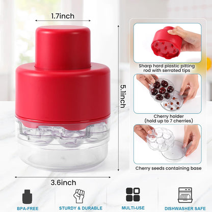 7-IN-1 Large Cherry Pitter Tool - Portable Cherry Corer Pitter with Ergonomic Push Design - Easy to Use for Making Cherry Jam - Pit 7 Cherries at Once, Saving Time & Effort - Red