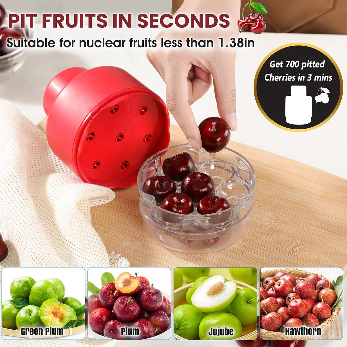 7-IN-1 Large Cherry Pitter Tool - Portable Cherry Corer Pitter with Ergonomic Push Design - Easy to Use for Making Cherry Jam - Pit 7 Cherries at Once, Saving Time & Effort - Red