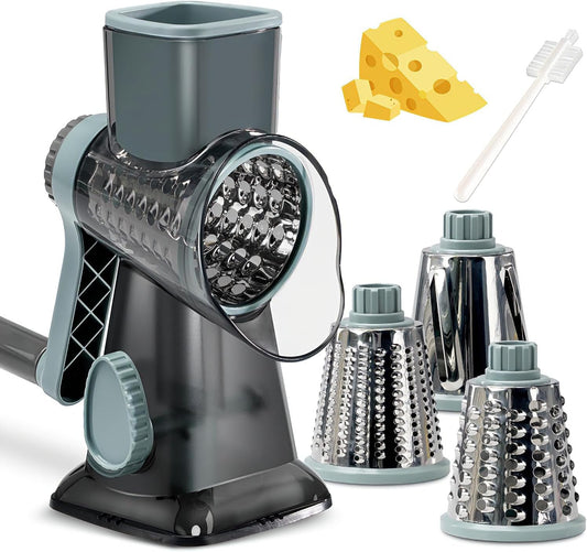 Rotary Cheese Grater with Handle Vegetable Cheese Shredder Slicer for Kitchen 3 Changeable Blades for Cheese Potato Zucchini Nuts Chocolate