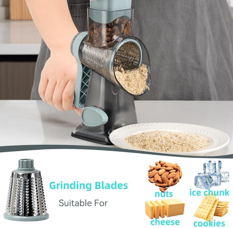 Rotary Cheese Grater with Handle Vegetable Cheese Shredder Slicer for Kitchen 3 Changeable Blades for Cheese Potato Zucchini Nuts Chocolate