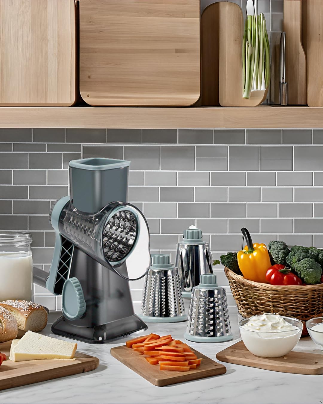 Rotary Cheese Grater with Handle Vegetable Cheese Shredder Slicer for Kitchen 3 Changeable Blades for Cheese Potato Zucchini Nuts Chocolate