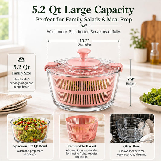 Large 5.2 Qt Glass Salad Spinner, Pink | Microwave- and Dishwasher-Safe Glass Bowl, Transparent Lid, Crank Handle, Quick-Spin Salad Cleaner for Lettuce, Herbs & Fruit