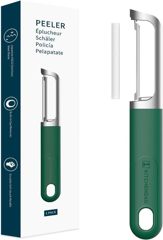 Swivel Vegetable Potato Peeler for Kitchen, Japanese Stainless Steel Sharp Blade, Heavy Duty Die-cast Construction, Built-in Eye Remover, Soft-touch Handle, Dishwasher Safe, Green