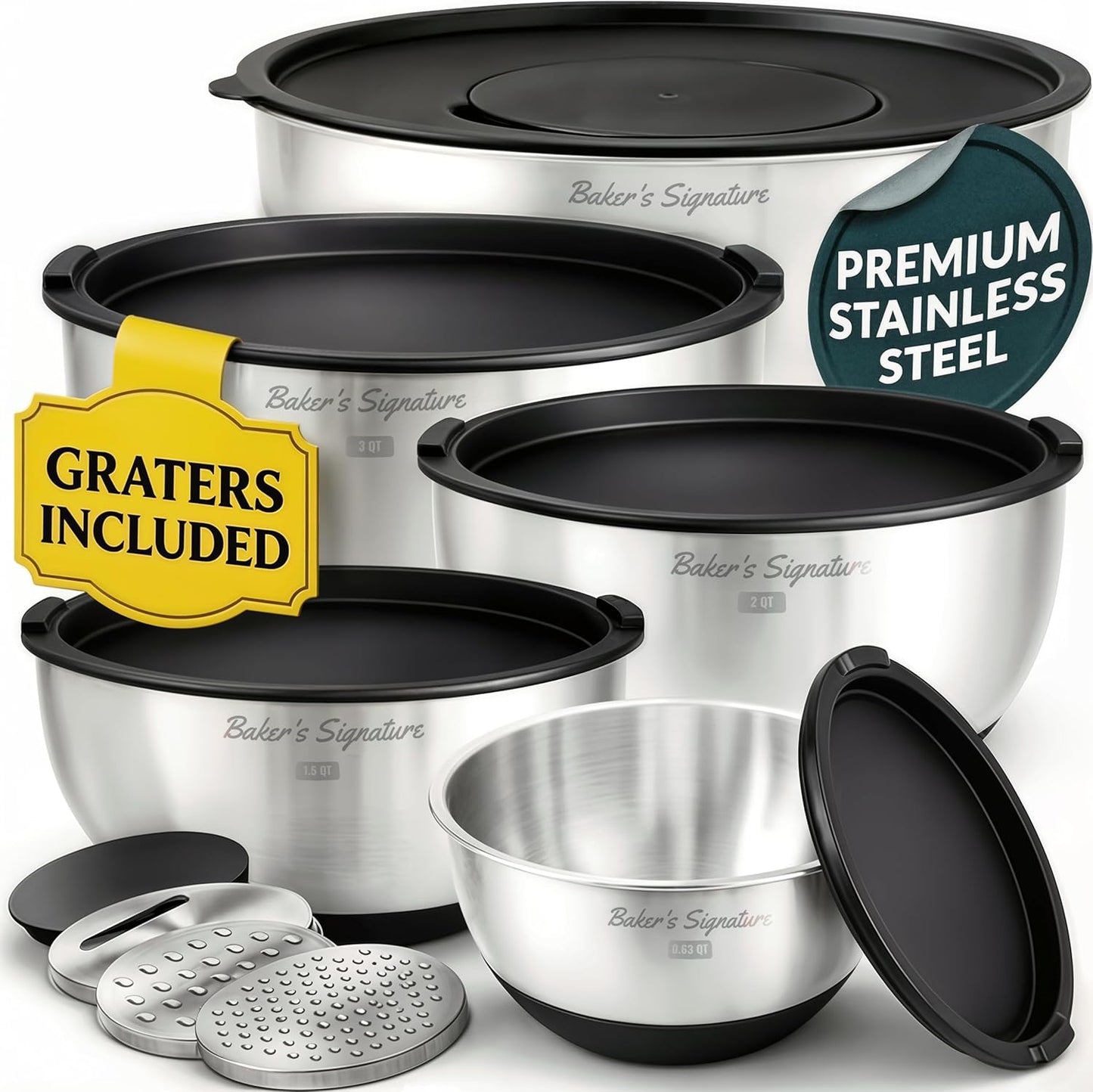 Stainless Steel Mixing Bowls with Lids Set, 5 Sizes, 3 Graters, Non-Slip Base, Airtight Lids, Metal Mixing Bowls for Kitchen, Food Prep, Storage, 0.63QT-5QT, Black
