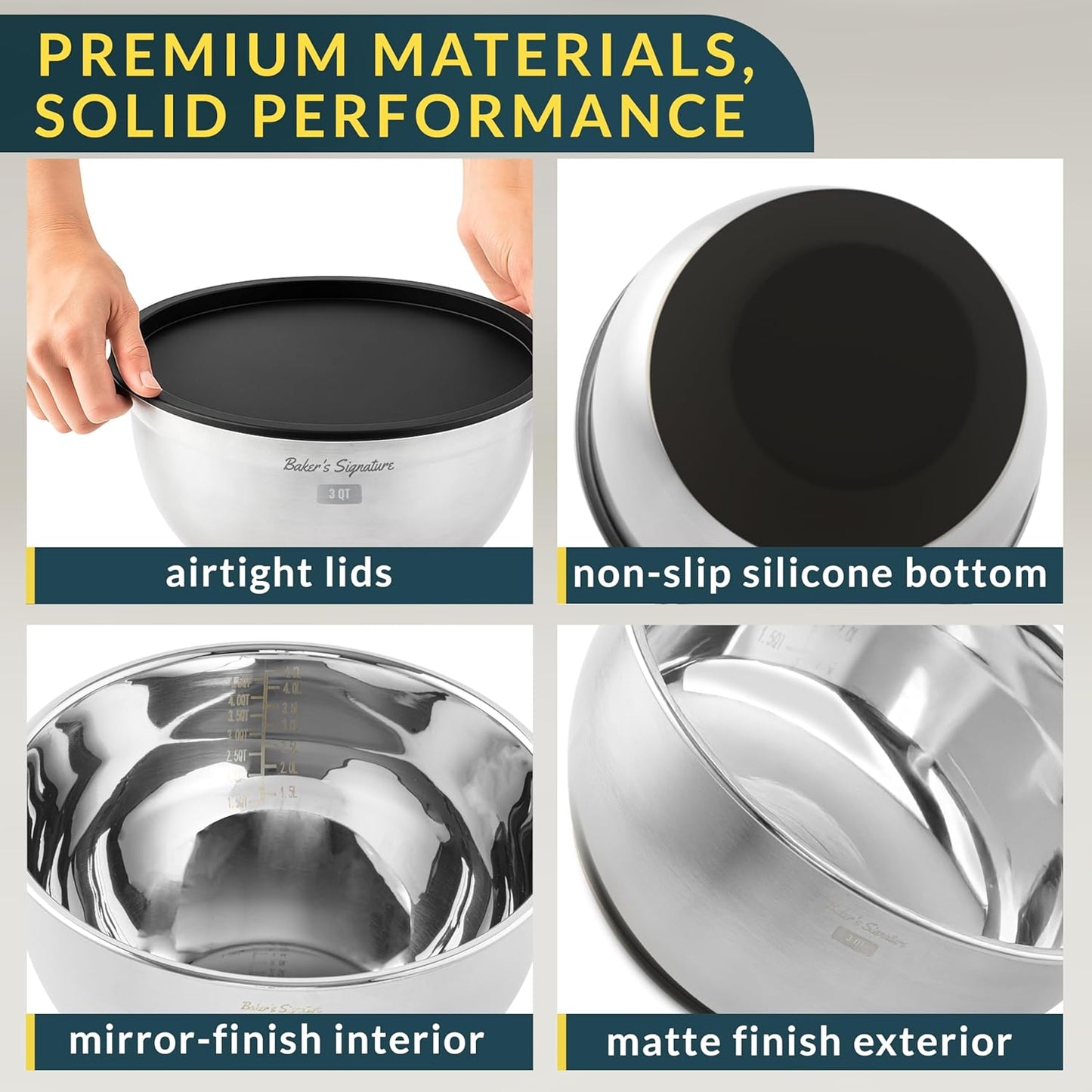 Stainless Steel Mixing Bowls with Lids Set, 5 Sizes, 3 Graters, Non-Slip Base, Airtight Lids, Metal Mixing Bowls for Kitchen, Food Prep, Storage, 0.63QT-5QT, Black