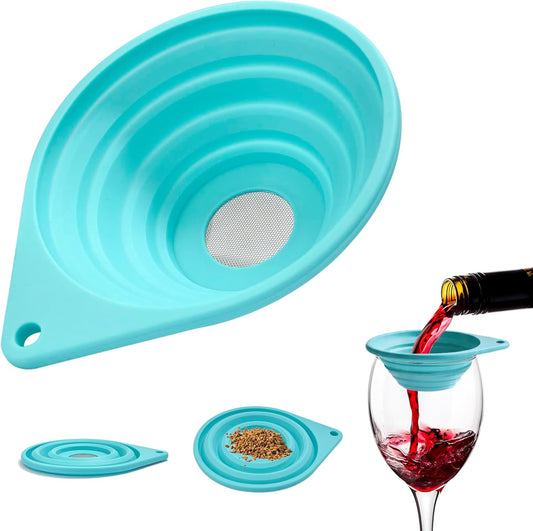 Collapsible Silicone Funnel Strainer, 4” Ultra Fine 40-Mesh Stainless Steel Filter for Coffee, Tea, Wine, Cocktails – BPA-Free Foldable Kitchen Sieve for Camping & RV (Blue)