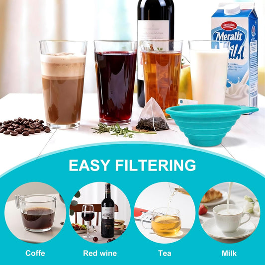 Collapsible Silicone Funnel Strainer, 4” Ultra Fine 40-Mesh Stainless Steel Filter for Coffee, Tea, Wine, Cocktails – BPA-Free Foldable Kitchen Sieve for Camping & RV (Blue)
