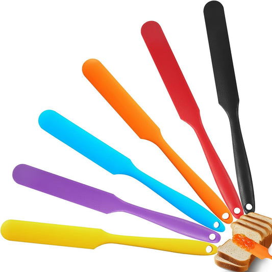6 Pcs Silicone Jar Spatula Set, Long Handle Heat Resistant Skinny Spatulas for Jars & Bottles, Non-Stick Flexible Scrapers for Baking, Mixing, Jam, Cake Cream & Butter Spreading(6 colors）