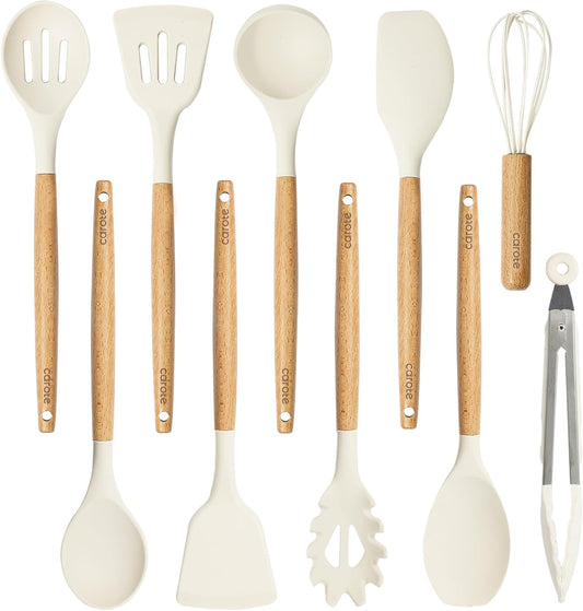 10-Piece Kitchen Utensils Set with Wood Cool-Touch Handles, Cream | Silicone Cooking Utensil, Food Grade, Nonstick Cookware Friendly, BPA-Free, Heat-Resistant, Everyday Home Essentials, Gifts