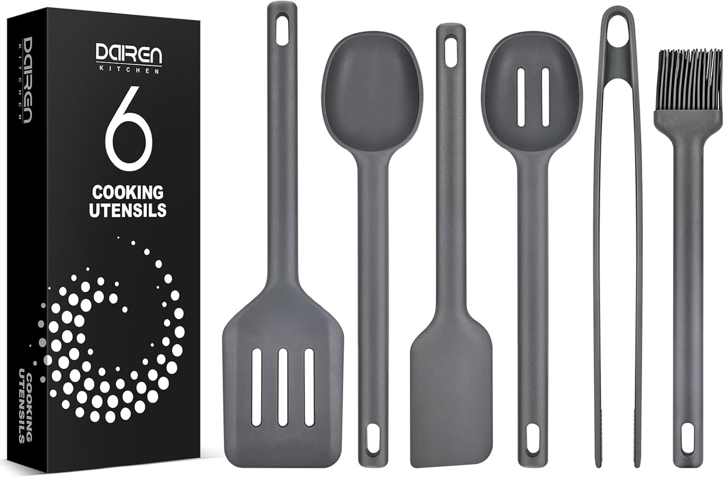 Silicone Kitchen Utensils Set, Heat Resistant Cooking Utensil with Spoon, Scraper, Spatula, Basting Brush & Tongs, BPA-free Non-stick Cookware for Frying, Basting, Serving, Grilling (6 Pack) (GREY)