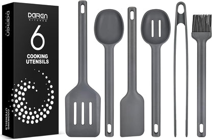 Silicone Kitchen Utensils Set, Heat Resistant Cooking Utensil with Spoon, Scraper, Spatula, Basting Brush & Tongs, BPA-free Non-stick Cookware for Frying, Basting, Serving, Grilling (6 Pack) (GREY)
