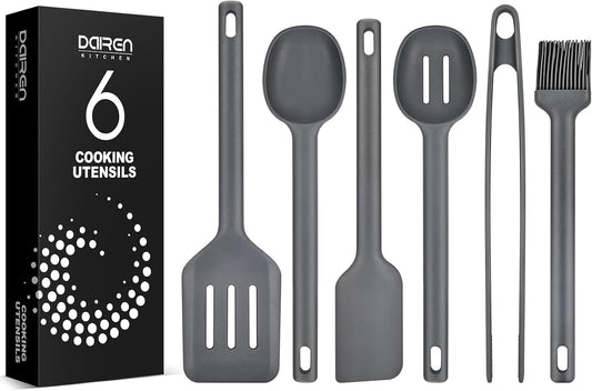 Silicone Kitchen Utensils Set, Heat Resistant Cooking Utensil with Spoon, Scraper, Spatula, Basting Brush & Tongs, BPA-free Non-stick Cookware for Frying, Basting, Serving, Grilling (6 Pack) (GREY)
