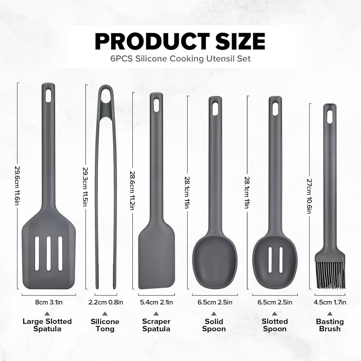 Silicone Kitchen Utensils Set, Heat Resistant Cooking Utensil with Spoon, Scraper, Spatula, Basting Brush & Tongs, BPA-free Non-stick Cookware for Frying, Basting, Serving, Grilling (6 Pack) (GREY)