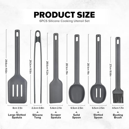 Silicone Kitchen Utensils Set, Heat Resistant Cooking Utensil with Spoon, Scraper, Spatula, Basting Brush & Tongs, BPA-free Non-stick Cookware for Frying, Basting, Serving, Grilling (6 Pack) (GREY)