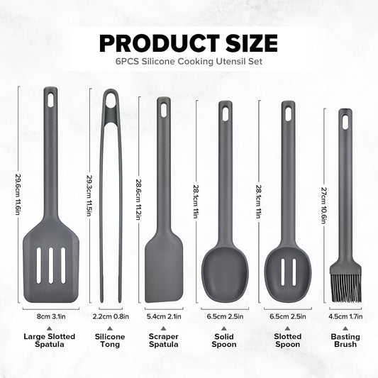 Silicone Kitchen Utensils Set, Heat Resistant Cooking Utensil with Spoon, Scraper, Spatula, Basting Brush & Tongs, BPA-free Non-stick Cookware for Frying, Basting, Serving, Grilling (6 Pack) (GREY)