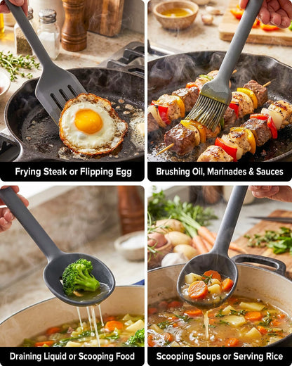 Silicone Kitchen Utensils Set, Heat Resistant Cooking Utensil with Spoon, Scraper, Spatula, Basting Brush & Tongs, BPA-free Non-stick Cookware for Frying, Basting, Serving, Grilling (6 Pack) (GREY)