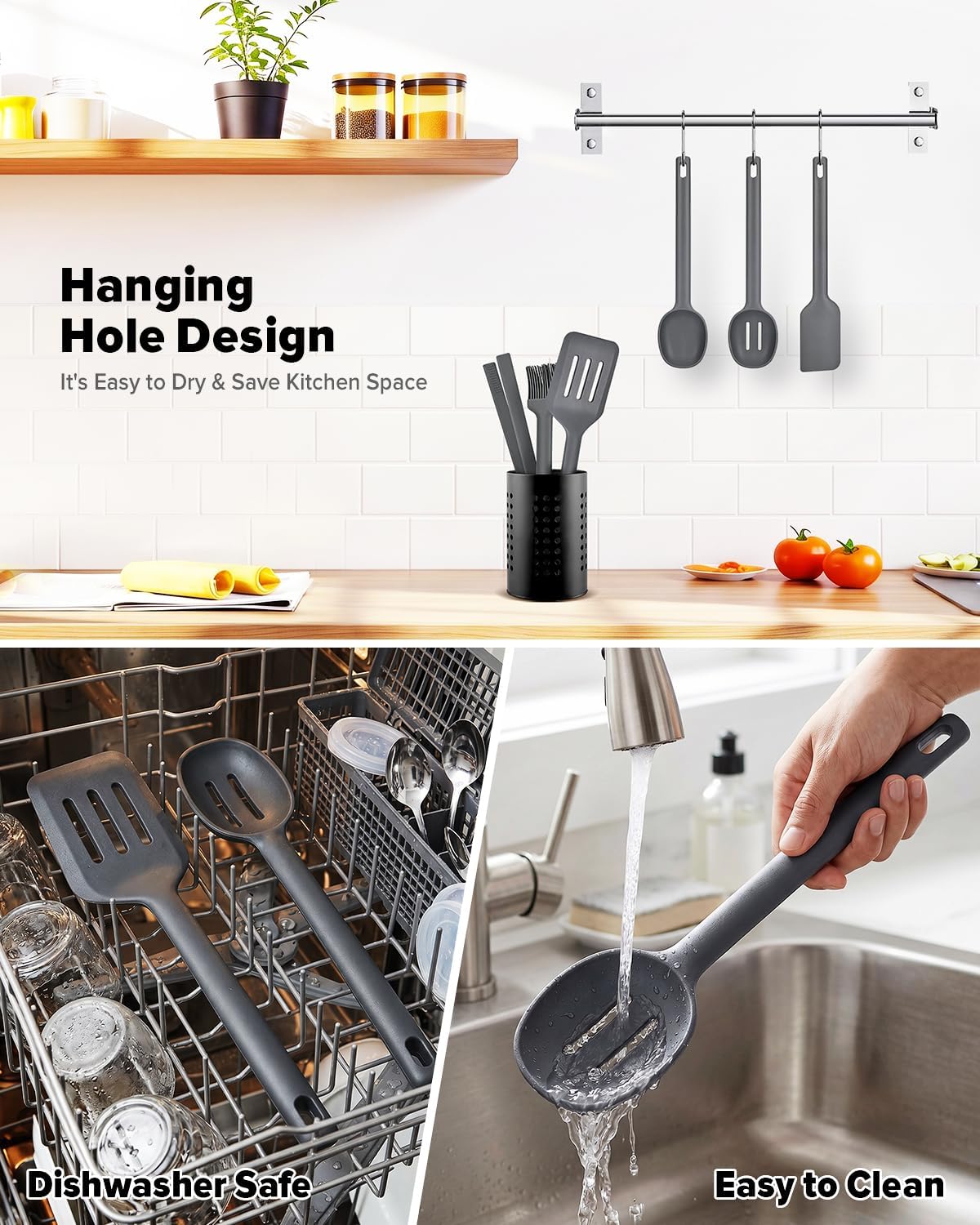 Silicone Kitchen Utensils Set, Heat Resistant Cooking Utensil with Spoon, Scraper, Spatula, Basting Brush & Tongs, BPA-free Non-stick Cookware for Frying, Basting, Serving, Grilling (6 Pack) (GREY)