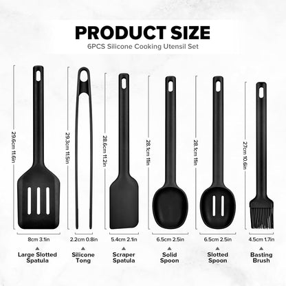 Silicone Kitchen Utensils Set, Heat Resistant Cooking Utensil with Spoon, Scraper, Spatula, Basting Brush & Tongs, BPA-free Non-stick Cookware for Frying, Basting, Serving, Grilling (6 Pack) (GREY)
