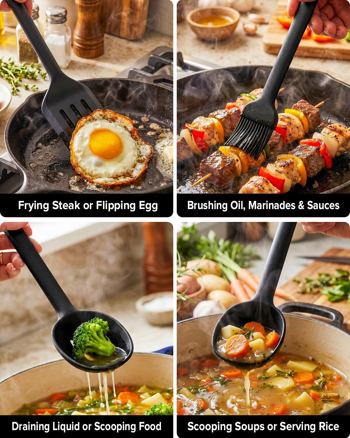Silicone Kitchen Utensils Set, Heat Resistant Cooking Utensil with Spoon, Scraper, Spatula, Basting Brush & Tongs, BPA-free Non-stick Cookware for Frying, Basting, Serving, Grilling (6 Pack) (GREY)