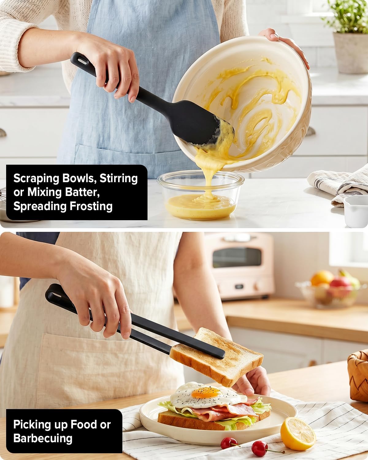 Silicone Kitchen Utensils Set, Heat Resistant Cooking Utensil with Spoon, Scraper, Spatula, Basting Brush & Tongs, BPA-free Non-stick Cookware for Frying, Basting, Serving, Grilling (6 Pack) (GREY)