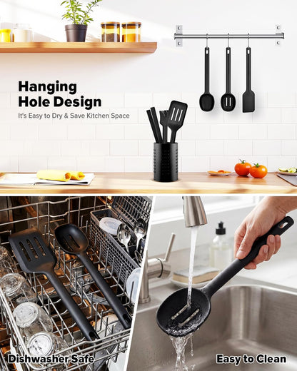 Silicone Kitchen Utensils Set, Heat Resistant Cooking Utensil with Spoon, Scraper, Spatula, Basting Brush & Tongs, BPA-free Non-stick Cookware for Frying, Basting, Serving, Grilling (6 Pack) (GREY)