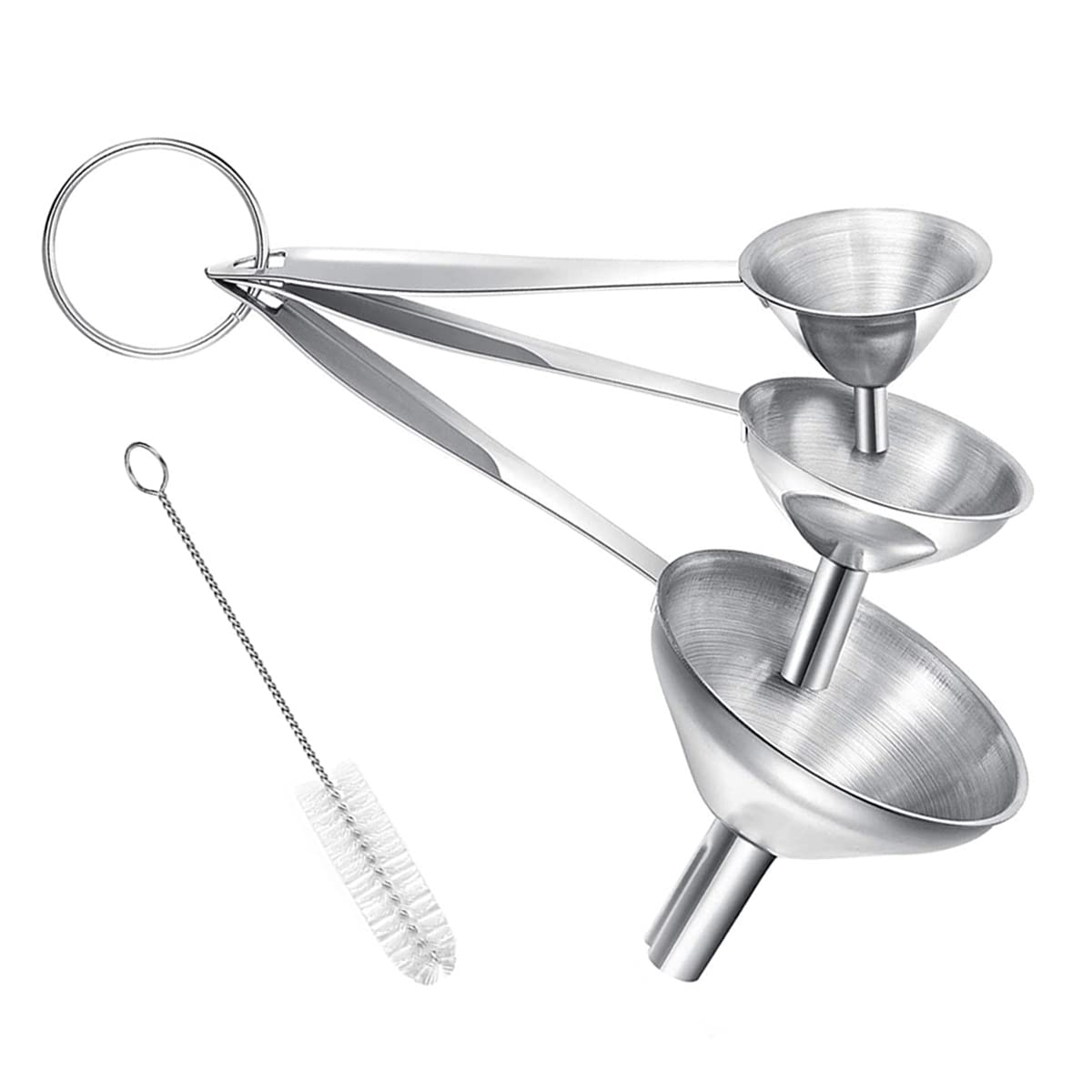 Small Funnels for Filling Bottles, 3 Pcs Stainless Steel Kitchen Funnel Set, Food Grade Mini Metal Funnel for Transferring Oil Liquid, Easy Cleaning with a Brush (Long Handle)