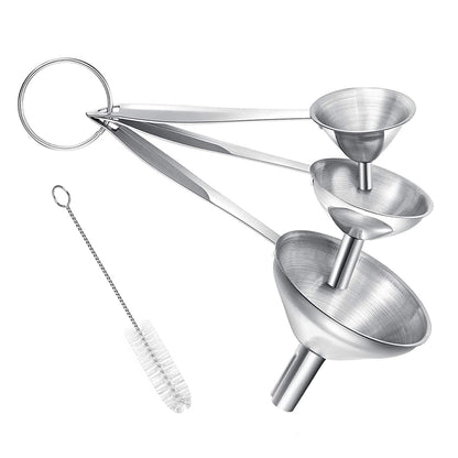 Small Funnels for Filling Bottles, 3 Pcs Stainless Steel Kitchen Funnel Set, Food Grade Mini Metal Funnel for Transferring Oil Liquid, Easy Cleaning with a Brush (Long Handle)