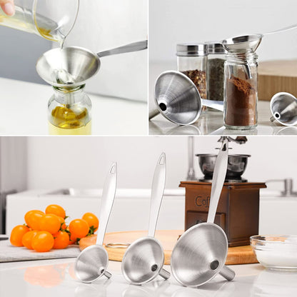 Small Funnels for Filling Bottles, 3 Pcs Stainless Steel Kitchen Funnel Set, Food Grade Mini Metal Funnel for Transferring Oil Liquid, Easy Cleaning with a Brush (Long Handle)