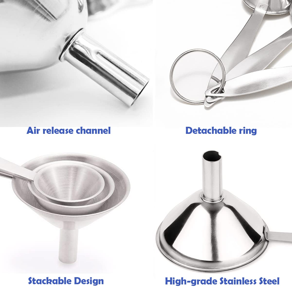 Small Funnels for Filling Bottles, 3 Pcs Stainless Steel Kitchen Funnel Set, Food Grade Mini Metal Funnel for Transferring Oil Liquid, Easy Cleaning with a Brush (Long Handle)