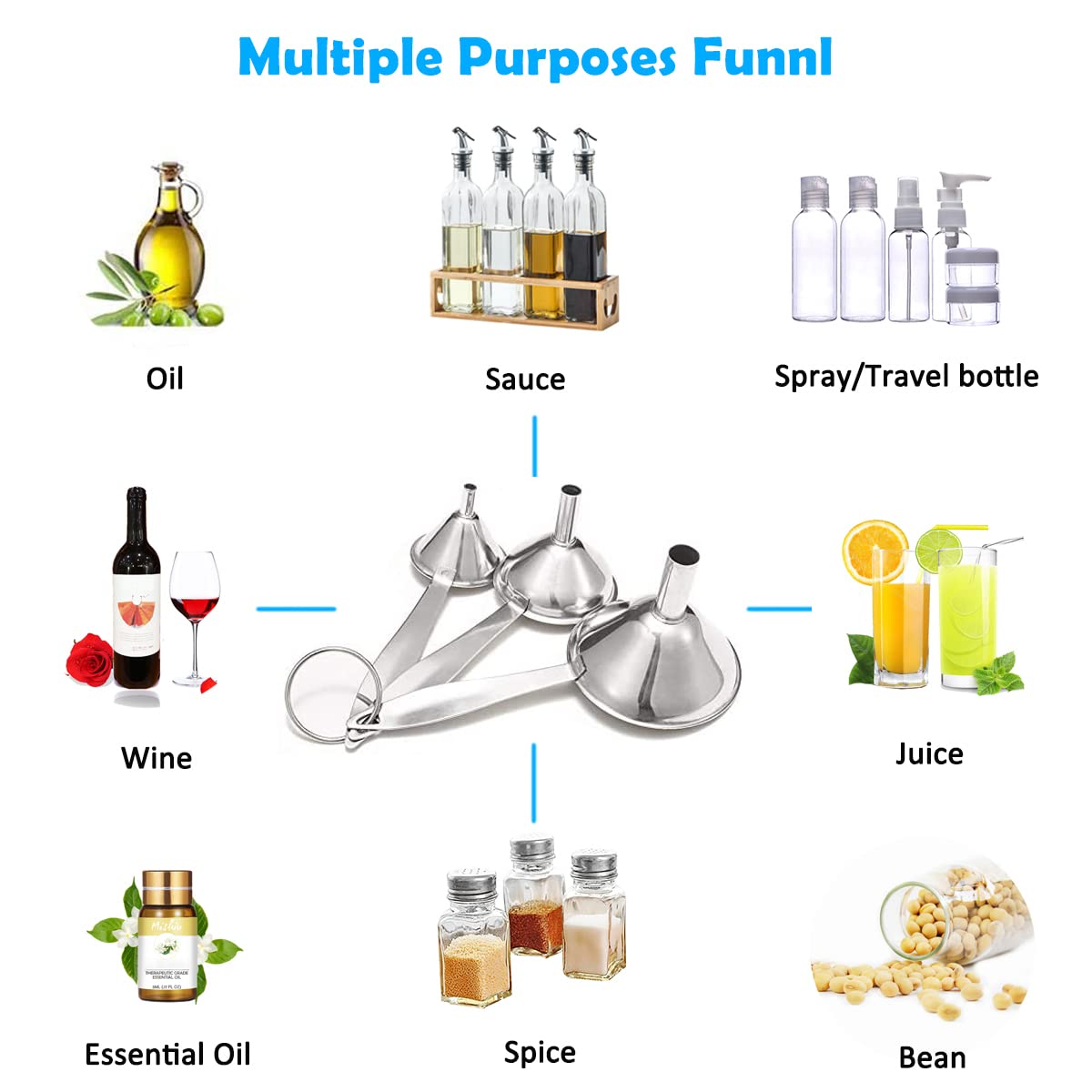 Small Funnels for Filling Bottles, 3 Pcs Stainless Steel Kitchen Funnel Set, Food Grade Mini Metal Funnel for Transferring Oil Liquid, Easy Cleaning with a Brush (Long Handle)