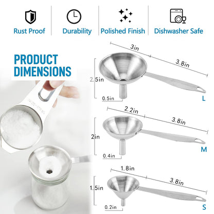 Small Funnels for Filling Bottles, 3 Pcs Stainless Steel Kitchen Funnel Set, Food Grade Mini Metal Funnel for Transferring Oil Liquid, Easy Cleaning with a Brush (Long Handle)