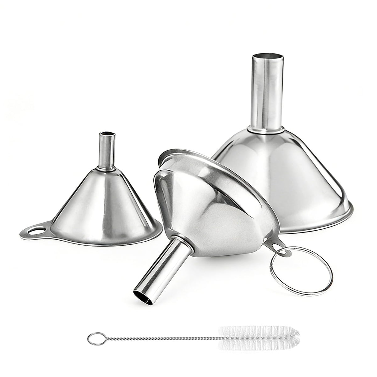 Small Funnels for Filling Bottles, 3 Pcs Stainless Steel Kitchen Funnel Set, Food Grade Mini Metal Funnel for Transferring Oil Liquid, Easy Cleaning with a Brush (Long Handle)