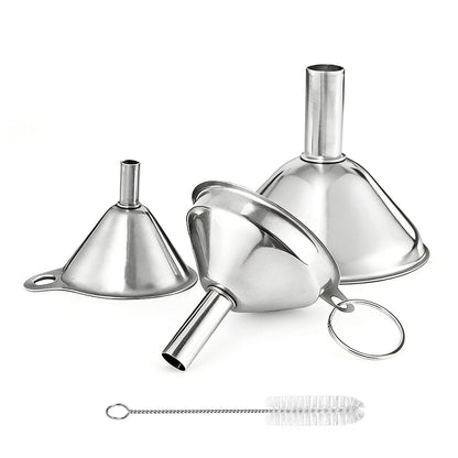 Small Funnels for Filling Bottles, 3 Pcs Stainless Steel Kitchen Funnel Set, Food Grade Mini Metal Funnel for Transferring Oil Liquid, Easy Cleaning with a Brush (Long Handle)