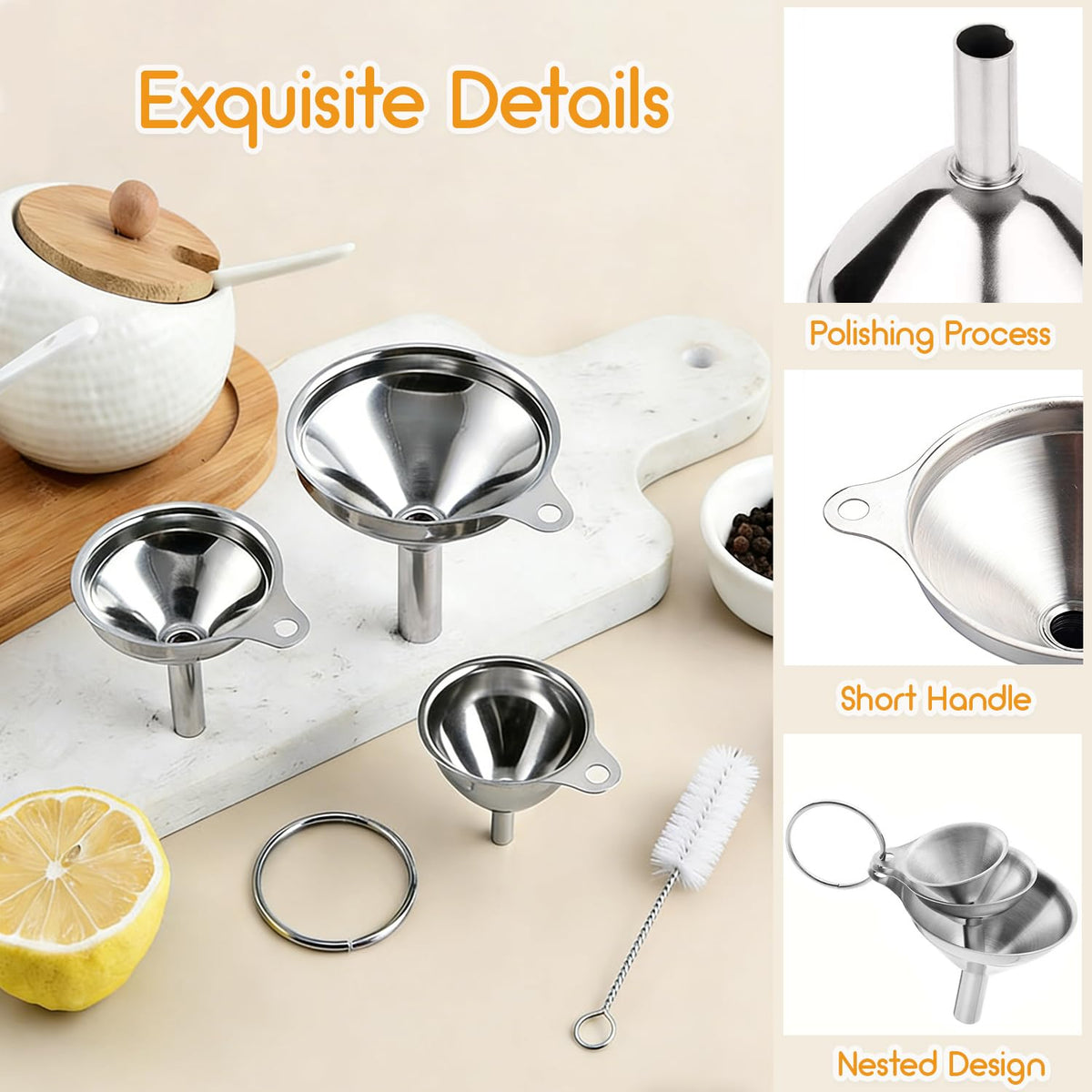 Small Funnels for Filling Bottles, 3 Pcs Stainless Steel Kitchen Funnel Set, Food Grade Mini Metal Funnel for Transferring Oil Liquid, Easy Cleaning with a Brush (Long Handle)