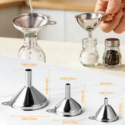 Small Funnels for Filling Bottles, 3 Pcs Stainless Steel Kitchen Funnel Set, Food Grade Mini Metal Funnel for Transferring Oil Liquid, Easy Cleaning with a Brush (Long Handle)