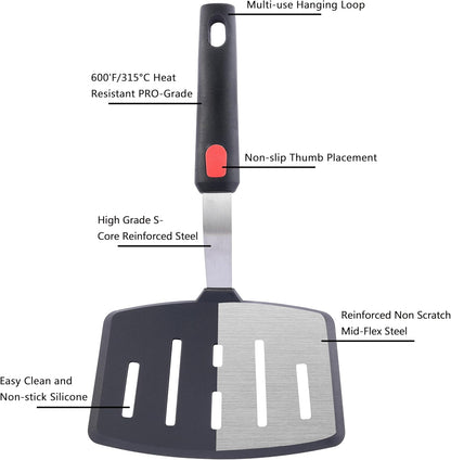 Silicone Wide Spatula, Slotted Turner for Cooking or Baking, Large Pancake Spatula for Egg, Fish, Steak, Flipping and Wok Use, Dishwasher Safe