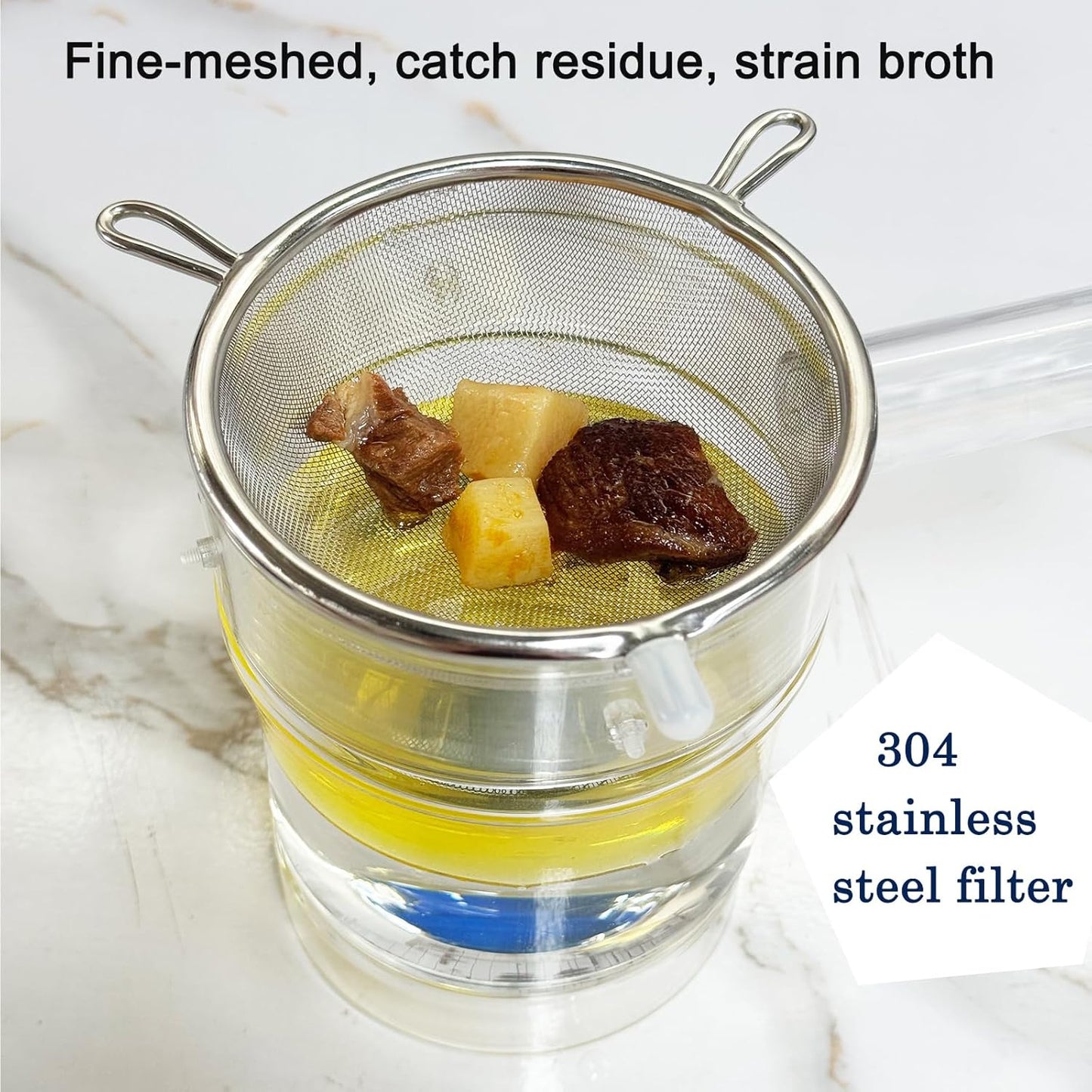 Glass Fat Gravy Separator, 4Cup, 304 Stainless Steel Strainer | 600℃ Heat-resistant, Bottom Release
